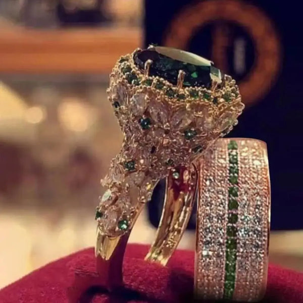 Exquisite Gold Color Hip Hop Rings for Women Fashion Inlaid Zircon Green Stones Wedding Rings Set Bridal Engagement Jewelry