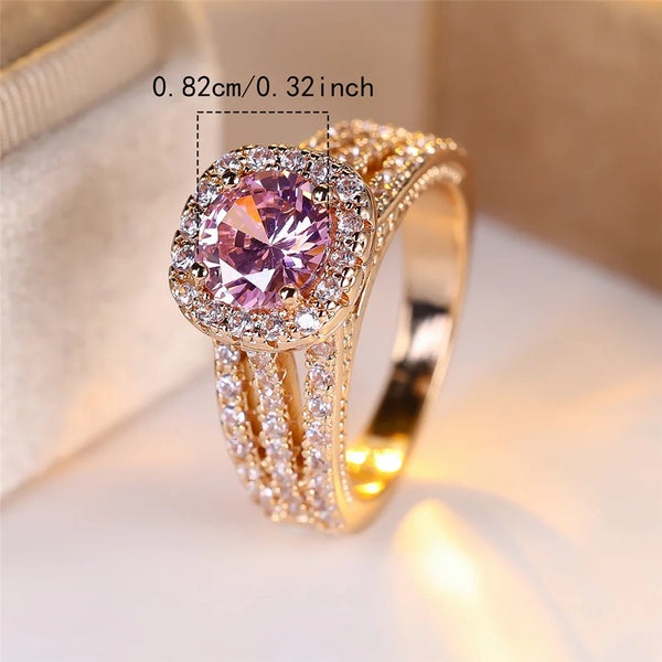 Female Luxury Yellow Gold Color White Pink Zircon Stone Wedding Jewelry Promise Love Engagement Rings For Women